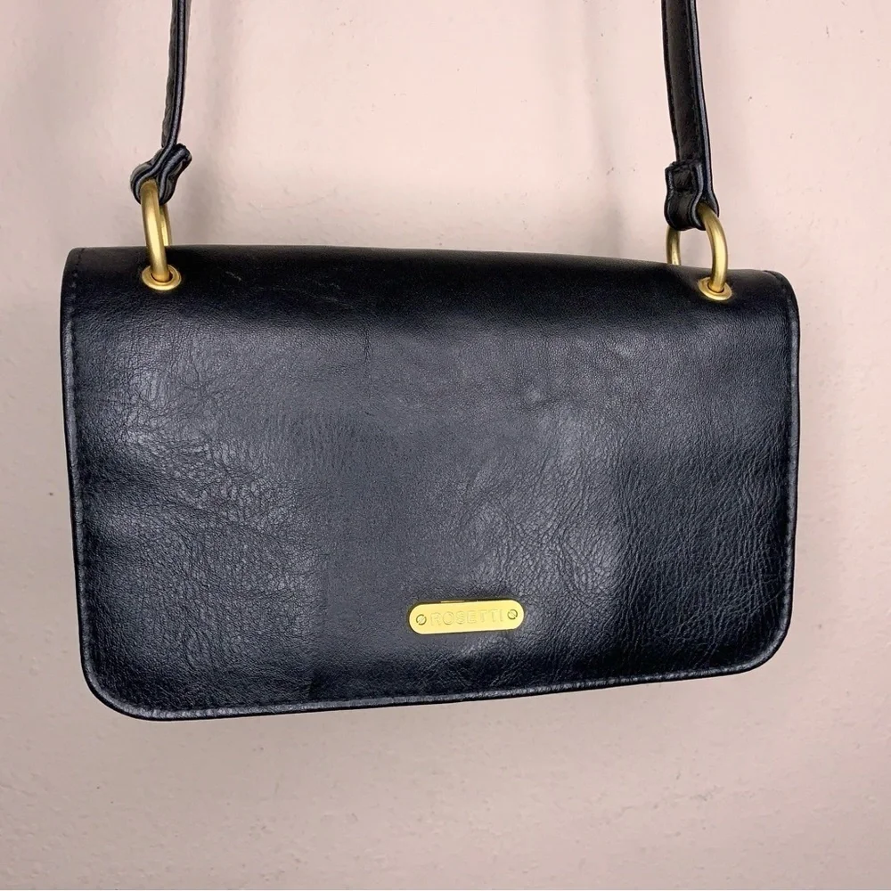 Rosetti Black Faux Leather Crossbody Purse Gold Hardware Travel Classic